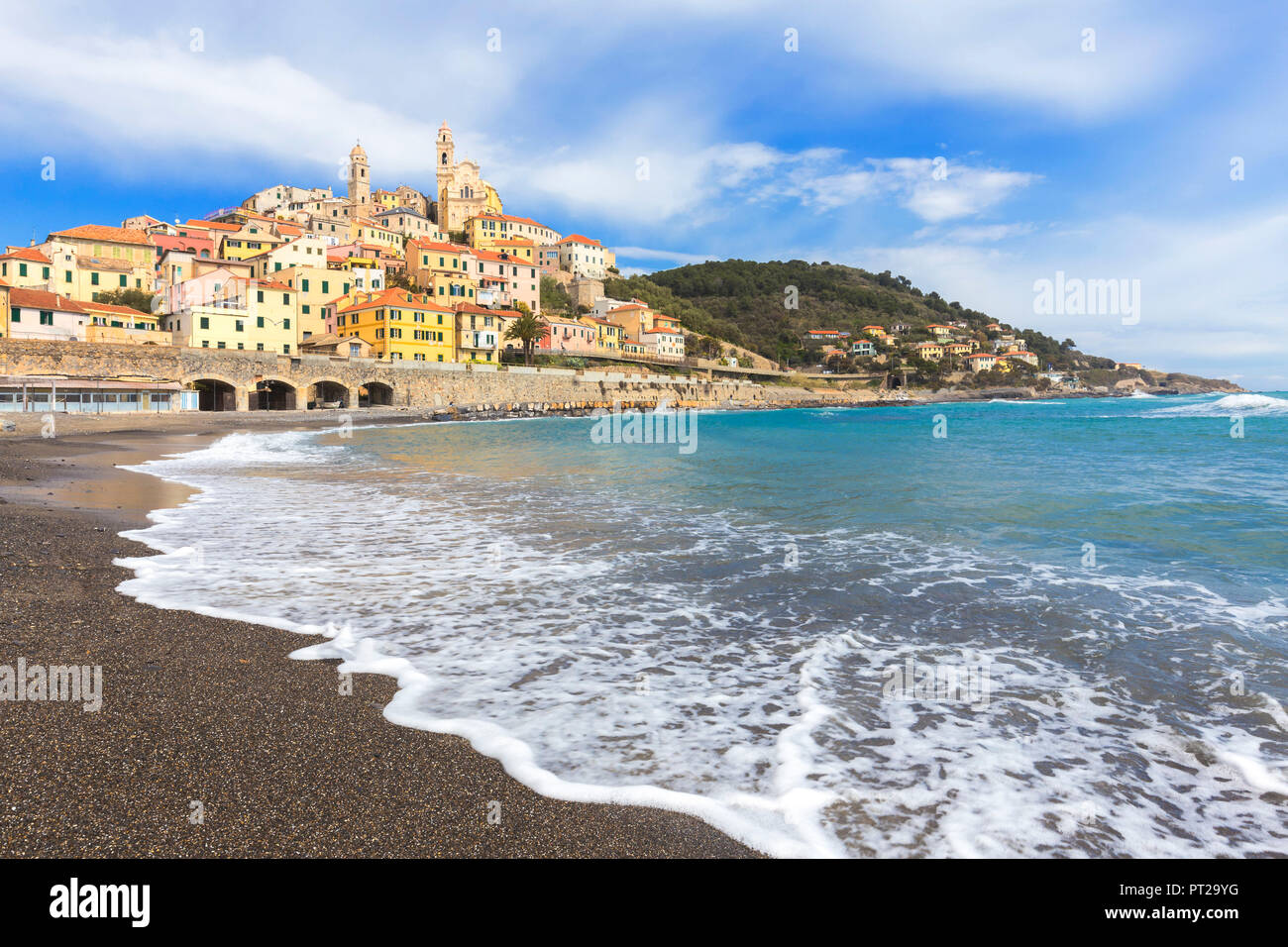 Waves break on the beach of Cervo village, Cervo, Imperia province, Liguria, Italy, Europe, Stock Photo