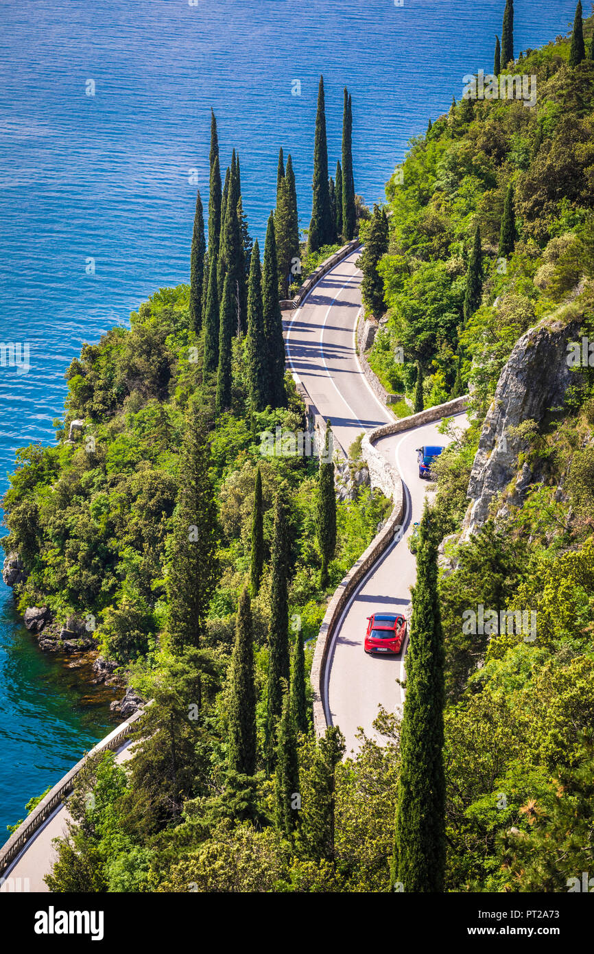 The SS45 road on Lake Garda coast, Tremosine, Lombardy, Italy, Stock Photo