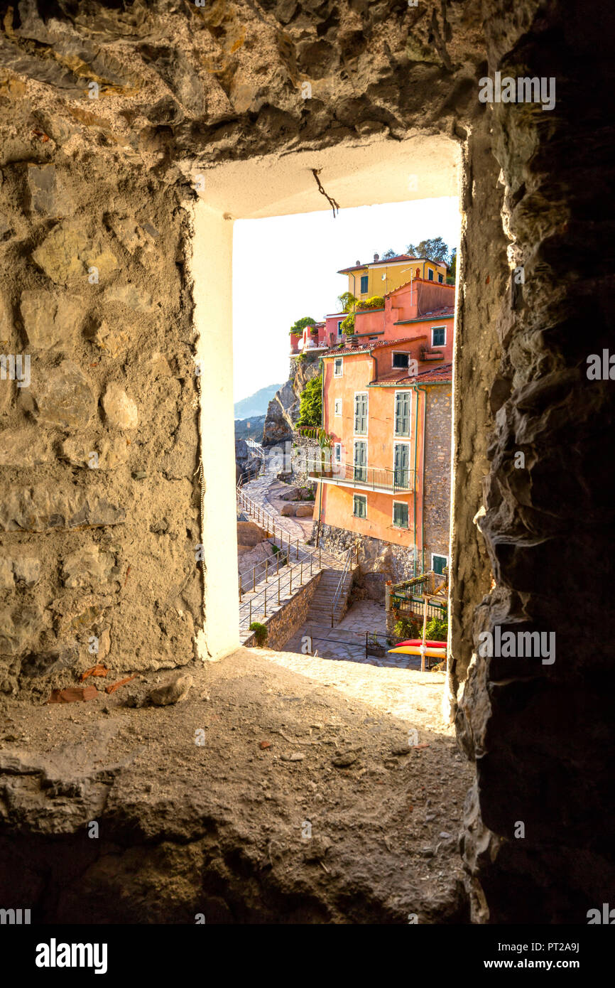 Foreshortenig of Tellaro from window, Lerici village, La Spezia district, Liguria, Italy Stock Photo