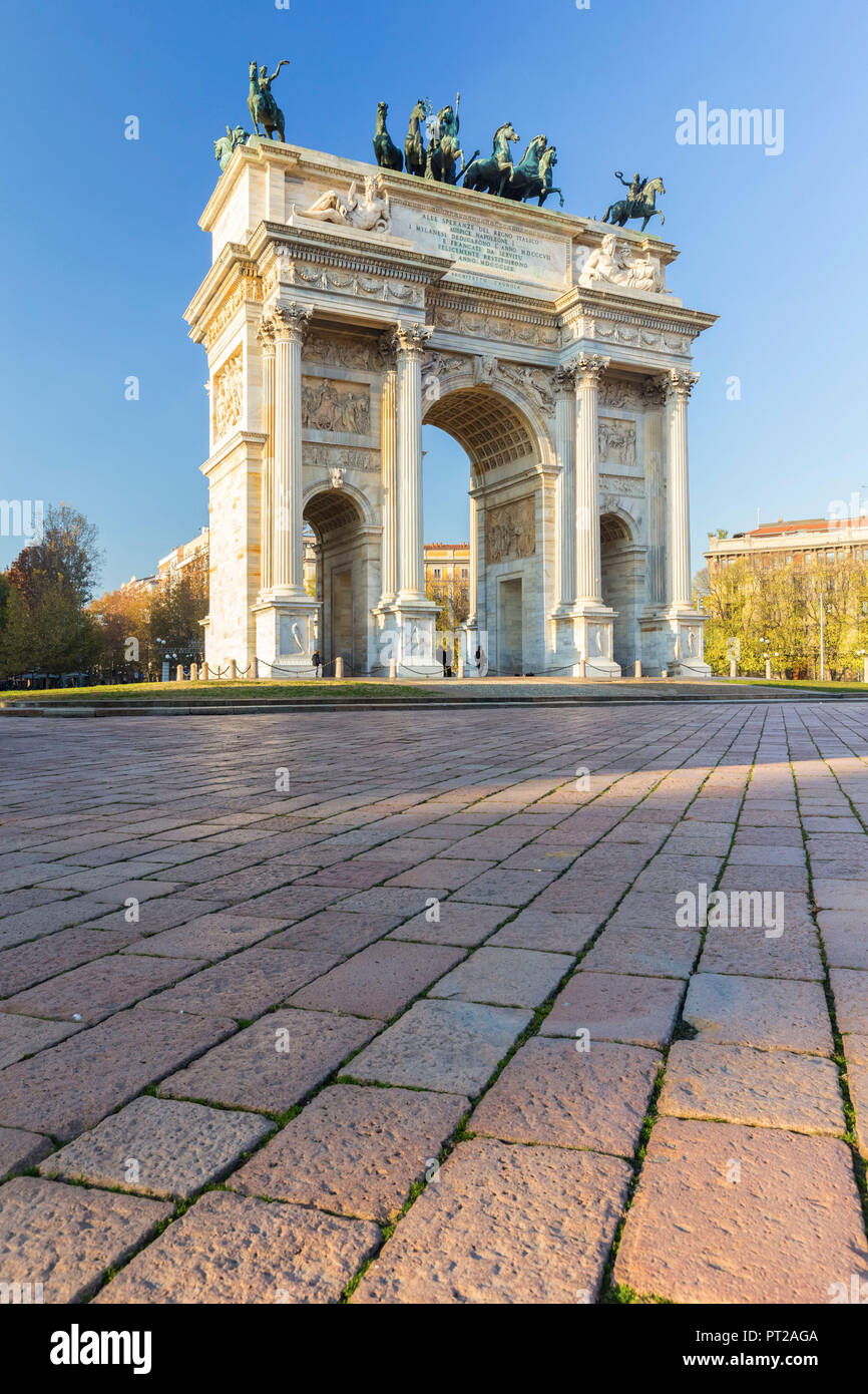 View of the Arco della Pace monument in Piazza Sempione, Milan, Lombardy, Italy, Stock Photo