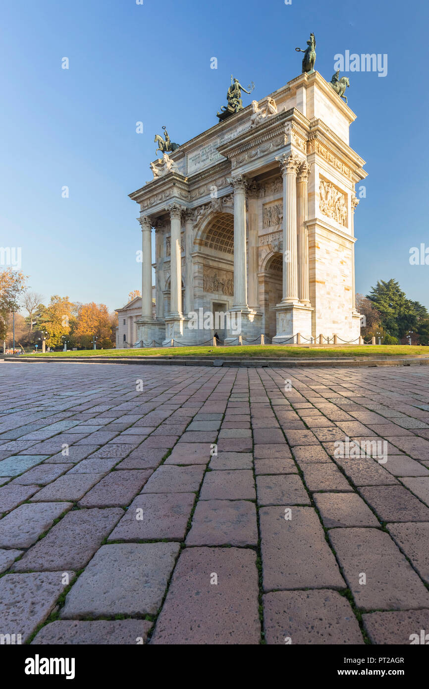 View of the Arco della Pace monument in Piazza Sempione, Milan, Lombardy, Italy, Stock Photo