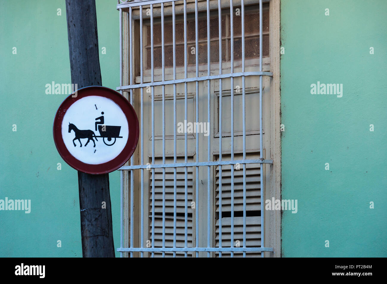 Cuba, Trinidad, UNESCO World Heritage Site, road sign, prohibition sign, horse and cart Stock Photo