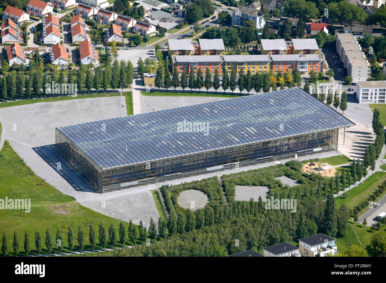 Aerial photo, solar academy Mont Cenis, Herne-Sodingen, Europe's largest solar roof, solar panels, renewable energy, event center, hotel, aerial view, ASB meeting and care center Mont-Cenis, Herne, Ruhr area, North Rhine-Westphalia, Germany, Europe, Stock Photo