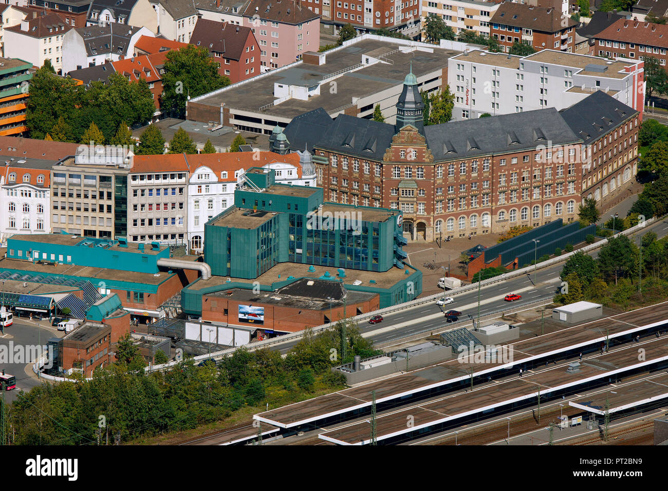 Aerial view, main station and post office building, Gelsenkirchen, Ruhr area, North Rhine-Westphalia, Germany, Europe Stock Photo