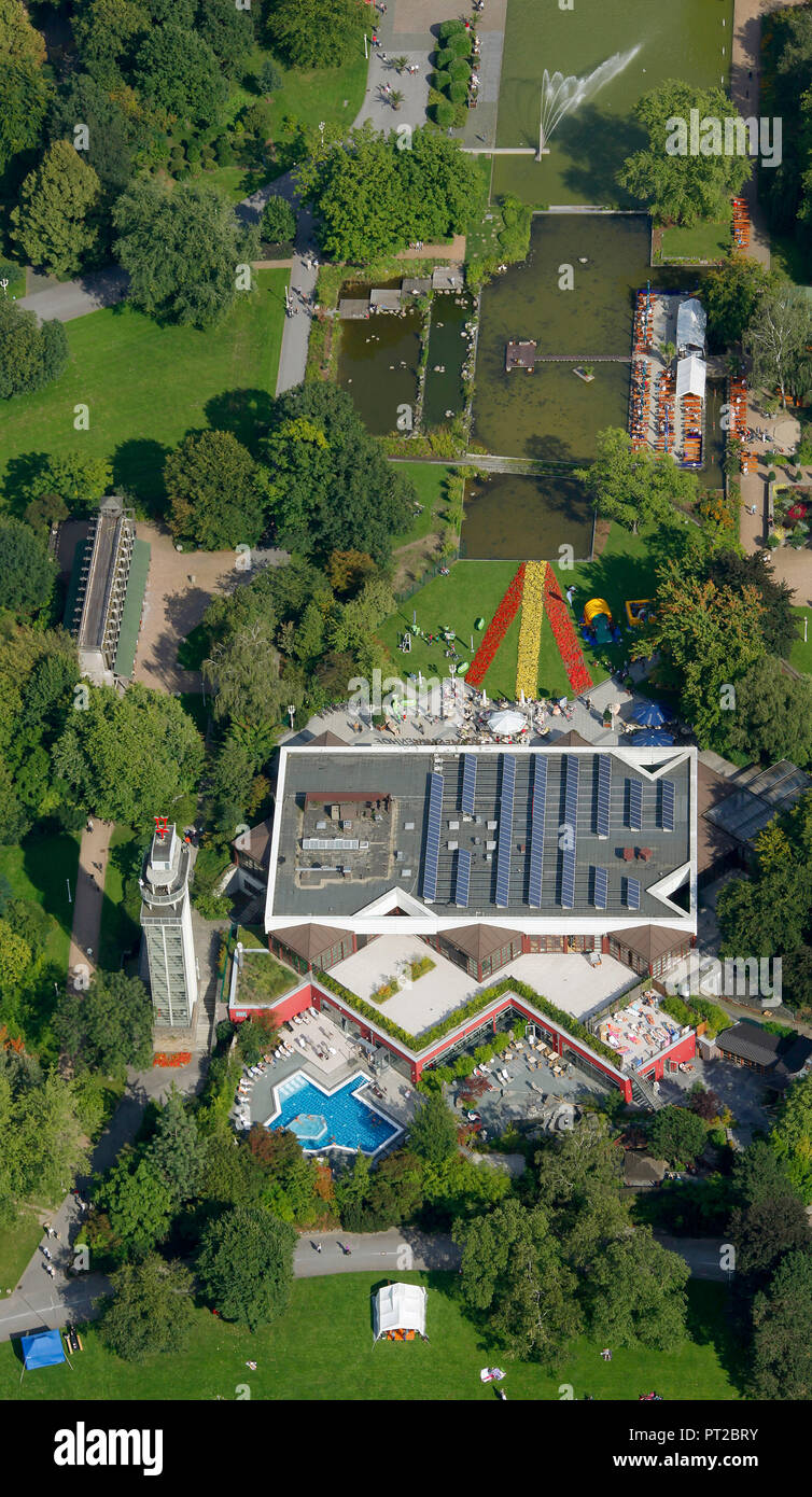 Aerial view, Grugarestaurant, Grugapark, Gruga, Essen, Ruhr area, North Rhine-Westphalia, Germany, Europe, Stock Photo