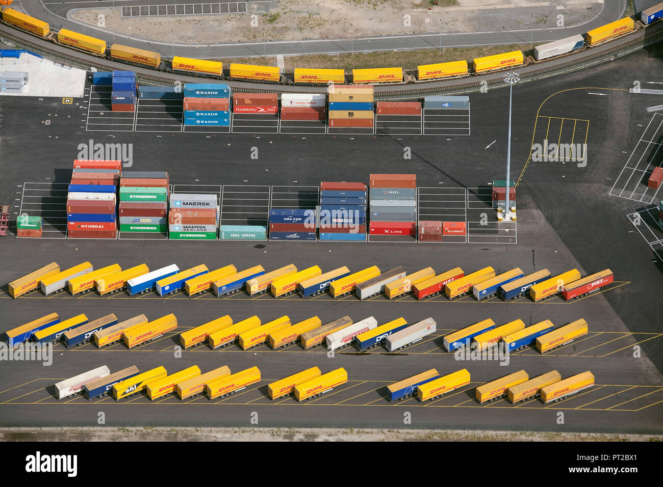 Aerial view, DHL, Logport Logistic Center Duisburg GmbH, Duisburg, Ruhr Area, North Rhine-Westphalia, Germany, Europe Stock Photo