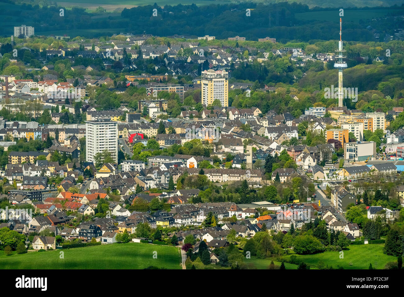 View from Tönisheide on Velbert with TV tower, Wasserturm Verkehrsgesellschaft der Stadt Velbert mbH and Hochhaus Berliner Straße, Velbert, Ruhr area, North Rhine-Westphalia, Germany, Europe Stock Photo