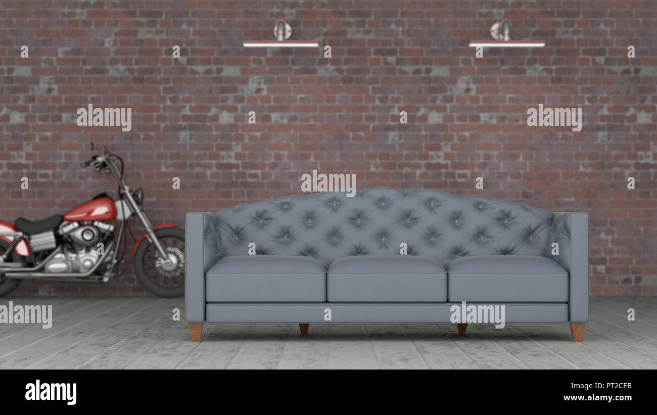 3D rendering, Grey couch in front of brickwall with motorbike in background Stock Photo