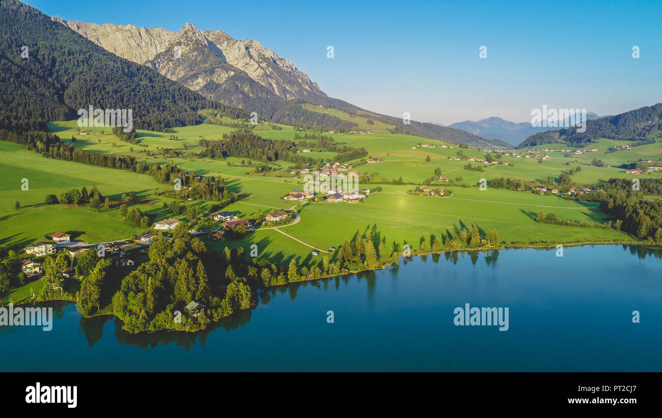 Austria, Tyrol, Kaiserwinkl, Aerial view of lake Walchsee Stock Photo