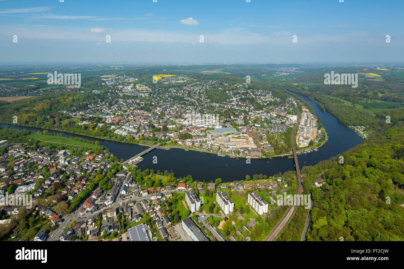Overview of Kettwig with Ruhr bridge and railway bridge, new building