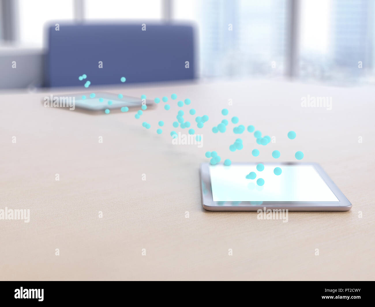 3D rendering, Blue bubbles transferring data from digital tablet Stock Photo