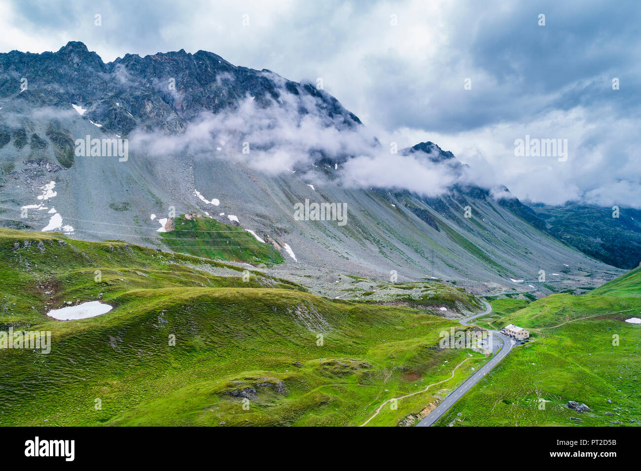Switzerland, Graubuenden Canton, Aerial view of Albula Pass and hospice Stock Photo