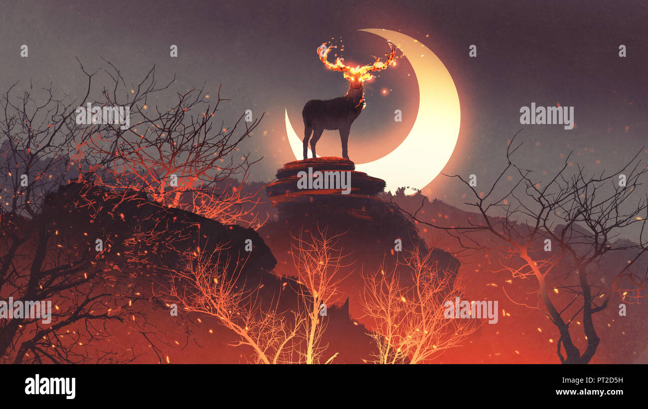 the deer with its fire horns standing on rocks in forest fire, digital art style, illustration painting Stock Photo