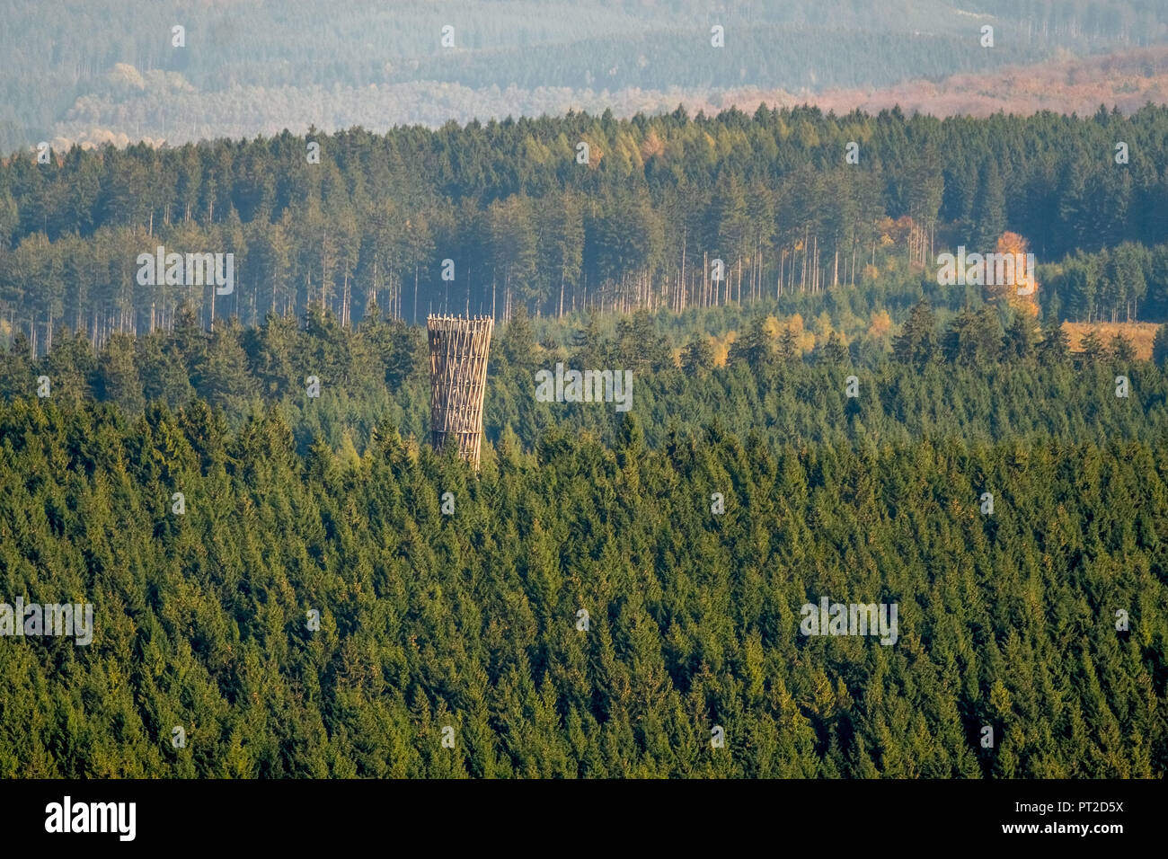 Lörmecke tower with autumn forest, lookout tower, winding tower, wooden tower, view on Kallenhardt, Meschede, Golden October, Sauerland, North Rhine-Westphalia, Germany Stock Photo