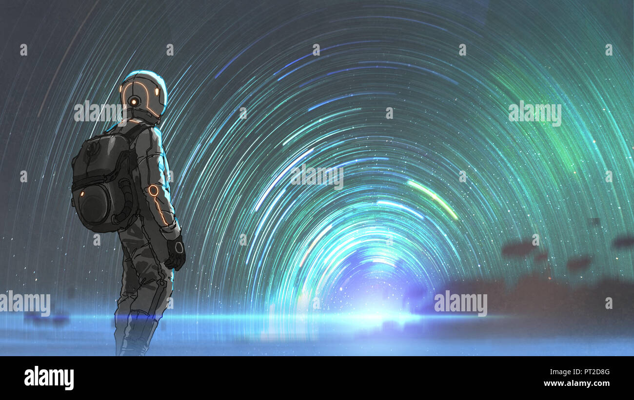 science fiction scene of the astronaut standing in front of starry tunnel entrance, digital art style, illustration painting Stock Photo