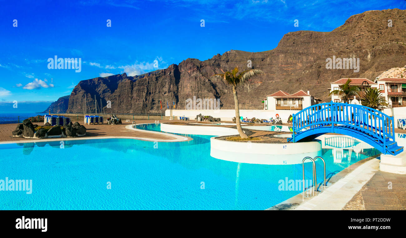 Resort with swimming pool in Los Gigantes,Tenerife island, Canary,Spain. Stock Photo