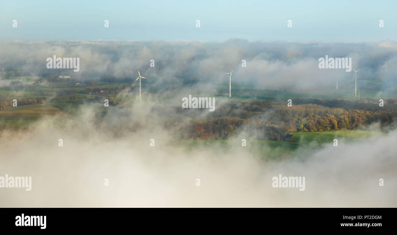 Wind turbines on the Enniger Berg in fog, KIWI Bürgerwind Windkraft Hamm GmbH, morning fog, alternative energy, Hamm, Ruhr area, North Rhine-Westphalia, Germany Stock Photo