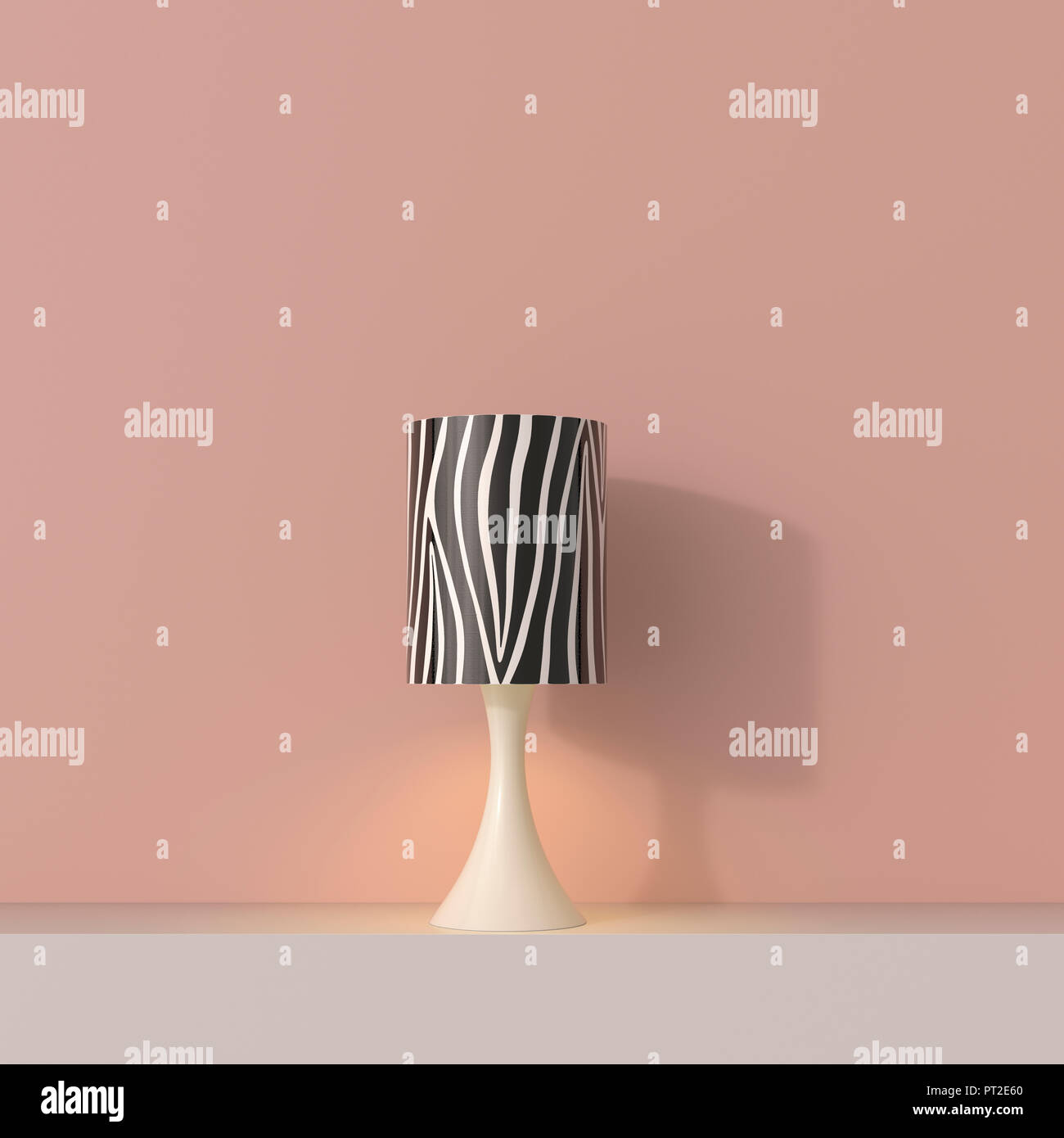 3D rendering, Table lamp on shelf with zebra stripe lampshade Stock Photo