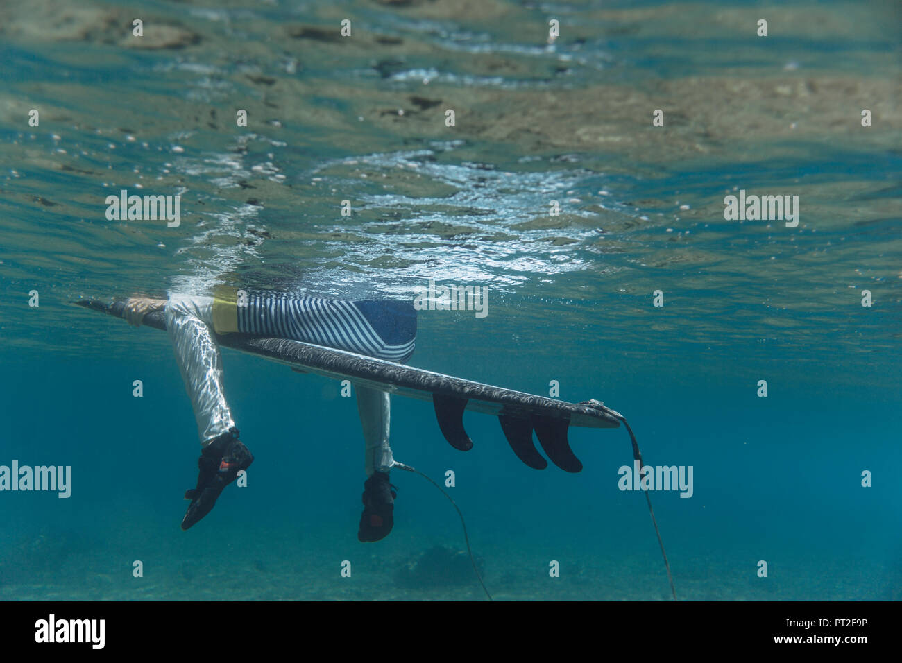 Maledives, Indian Ocean, surfer sitting on surfboard, underwater shot