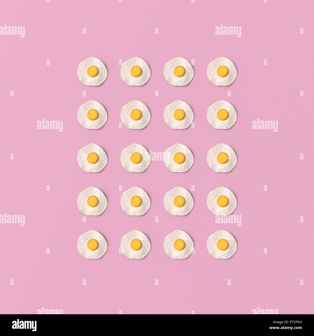 3D rendering, Rows of fried eggs on pink background Stock Photo