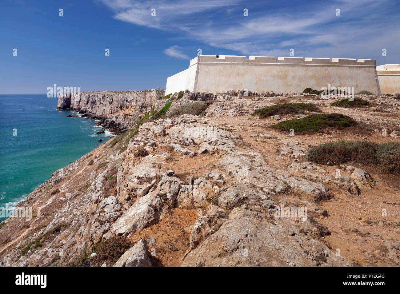 Fortress Fortaleza de Sagres, National Monument, at the Ponta de Sagres cliff, Sagres, Algarve, Portugal Stock Photo
