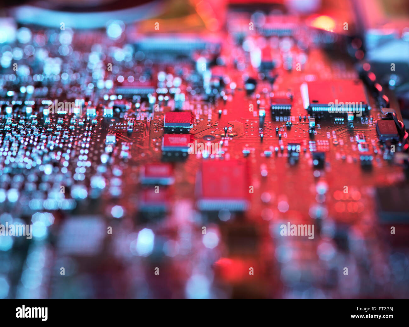 Inside a laptop computer, mother board and electronic components Stock Photo