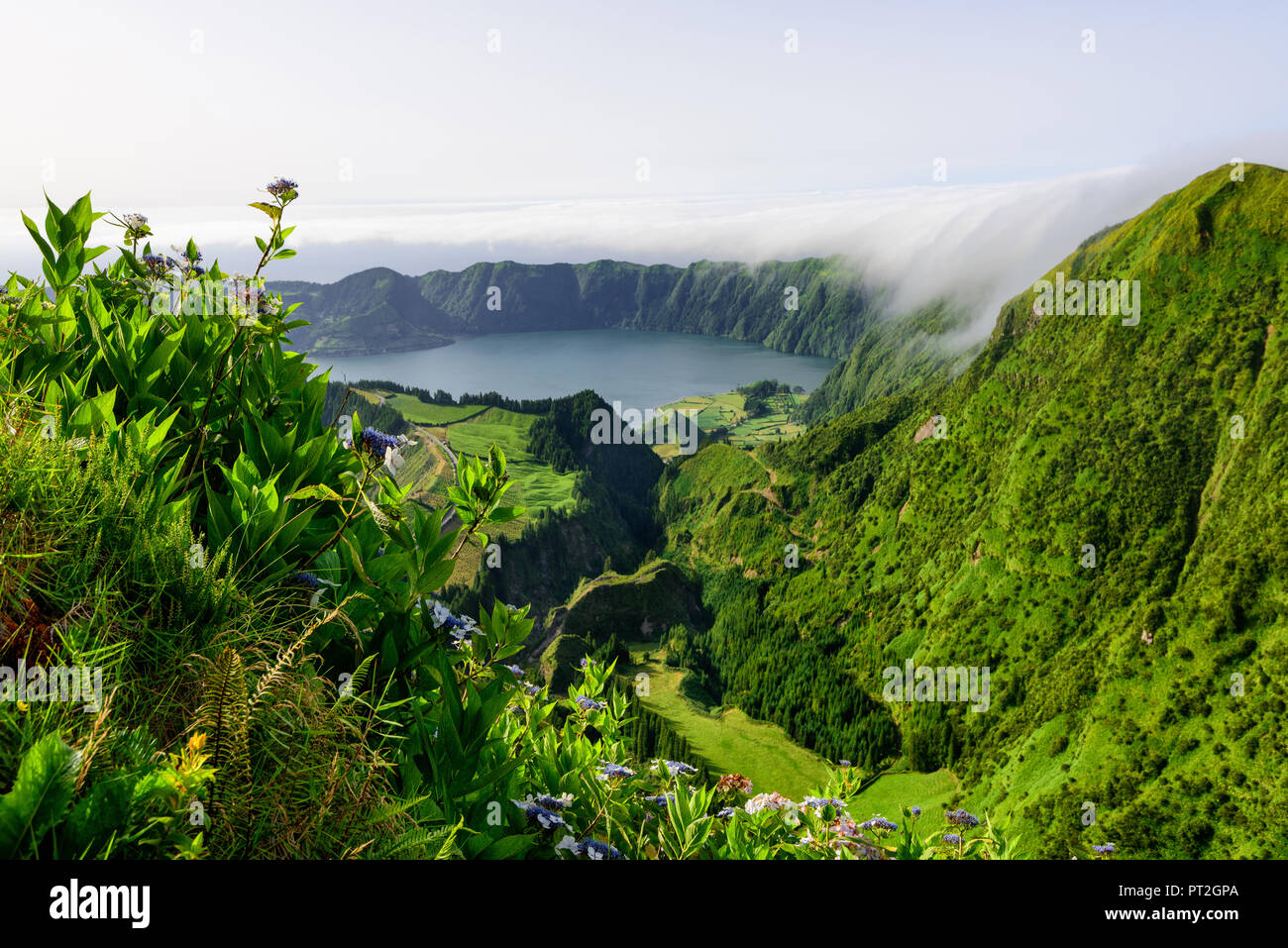 Panoramic landscape from Azores lagoons. The Azores archipelago has
