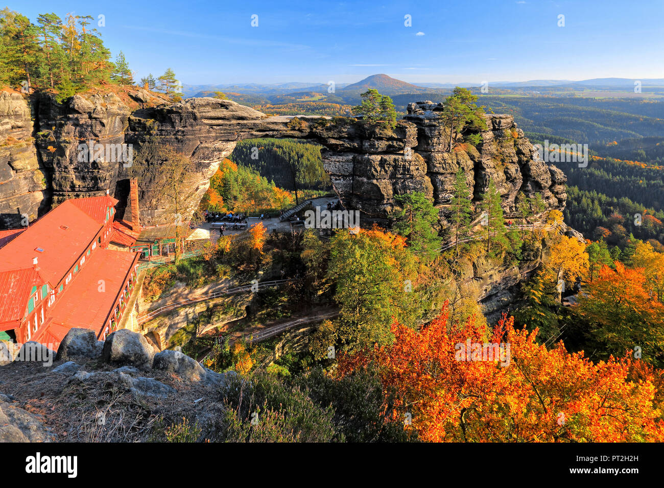 Prebischtor with pleasure castle Falcon's Nest, Hrensko, (Herrskretschen), Elbe Sandstone Mountains, Elbe, Bohemian Switzerland, Northern Bohemia, Czech Republic Stock Photo