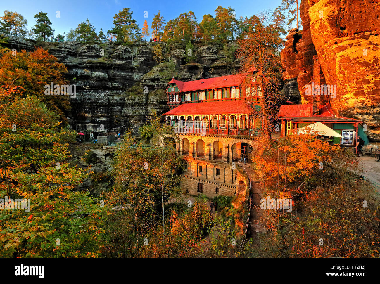 Pleasure castle Falcon's Nest at the Prebischtor, Hrensko, (Herrskretschen), Elbe Sandstone Mountains, Elbe, Bohemian Switzerland, Northern Bohemia, Czech Republic, evening sun Stock Photo