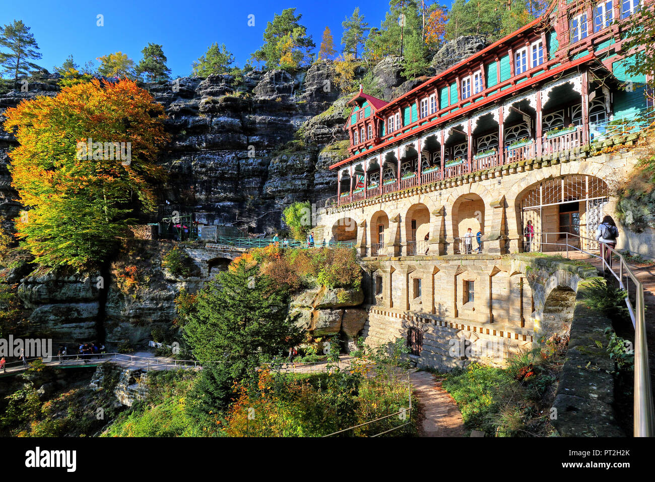 Pleasure castle Falcon's Nest at Prebischtor, Hrensko, (Herrskretschen), Elbe Sandstone Mountains, Elbe, Bohemian Switzerland, Northern Bohemia, Czech Republic Stock Photo