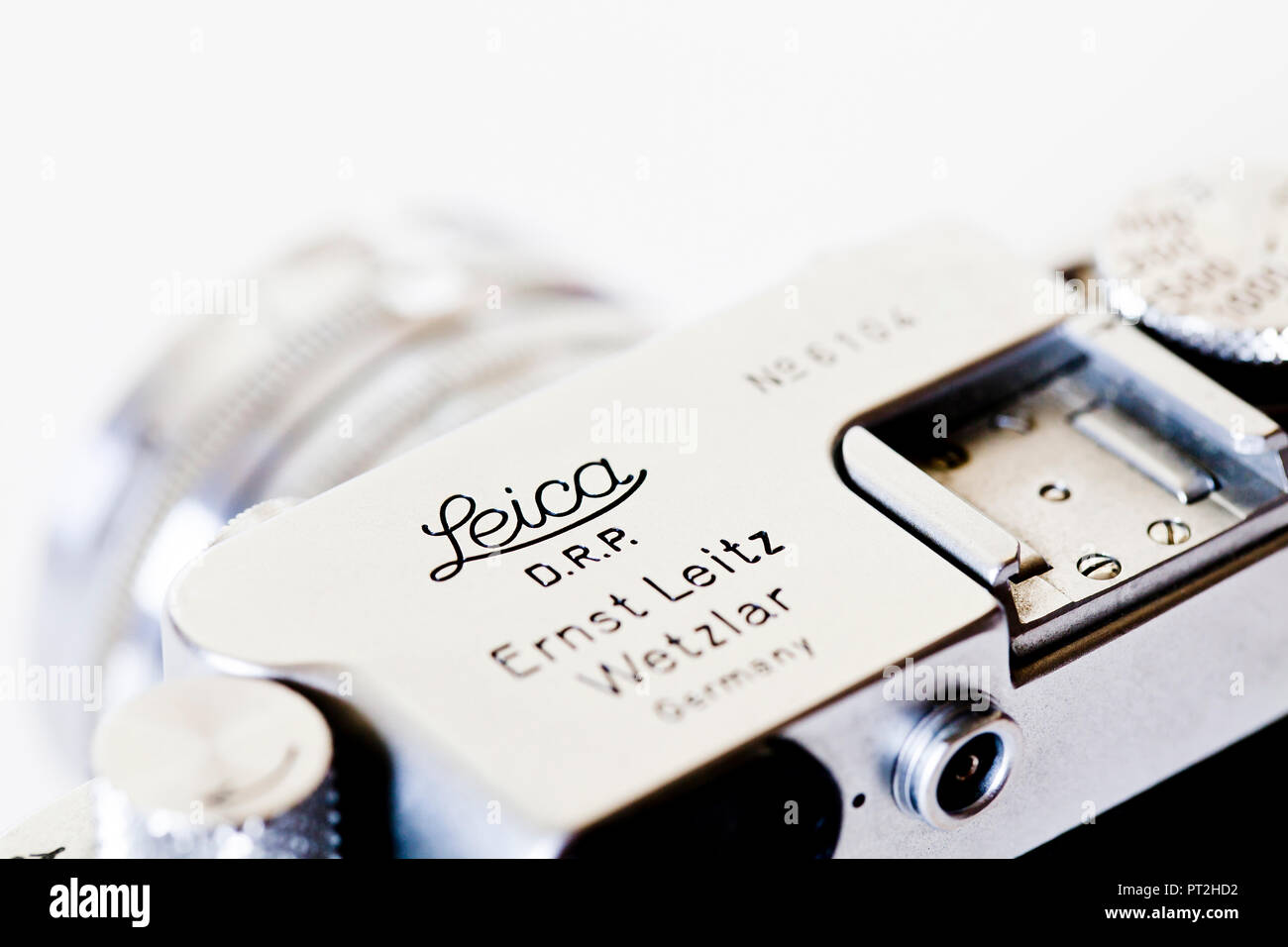 Vintage Leica IIIf 35mm film camera branding / logo (on top plate) close up, circa 1952 Stock Photo