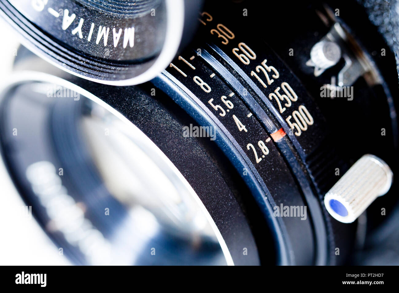 Vintage Mamiya C220 Professional twin lens reflex camera (TLR camera), close up of f stop and shutter speed dial, circa 1970s Stock Photo