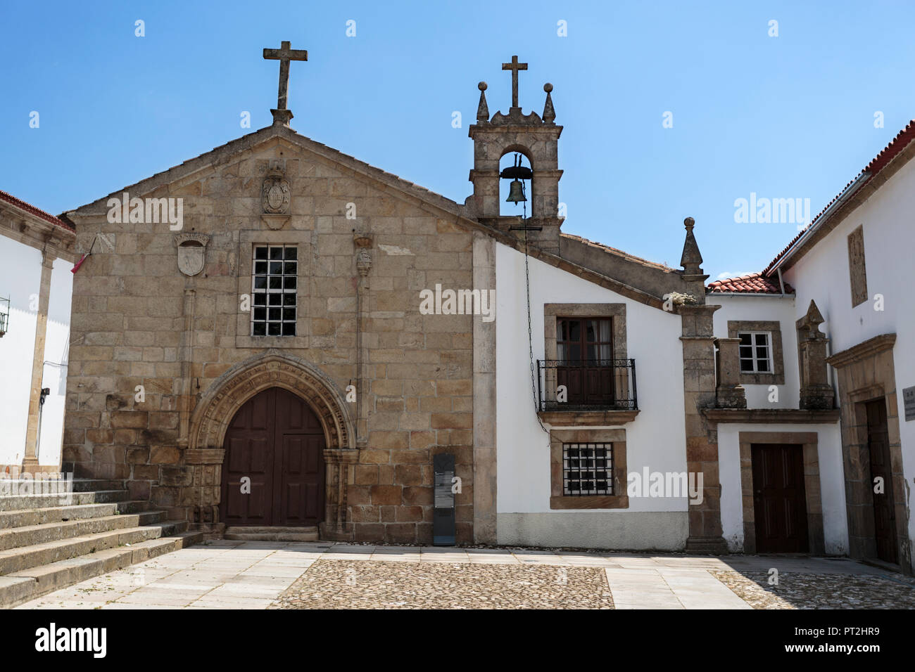 Facade of the Church of Mercy, built in the early years of the 16th century with Gothic Manueline architectural elements, in Pinhel, Portugal Stock Photo