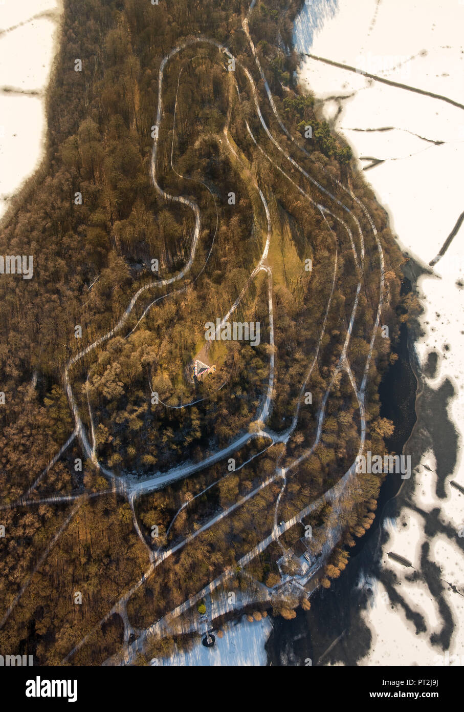 Hill with fire tower, Haubachsee, Wolfssee, Sechs-Seen-Platte with ice, winter pictures, Duisburg, Ruhr area, North Rhine-Westphalia, Germany Stock Photo