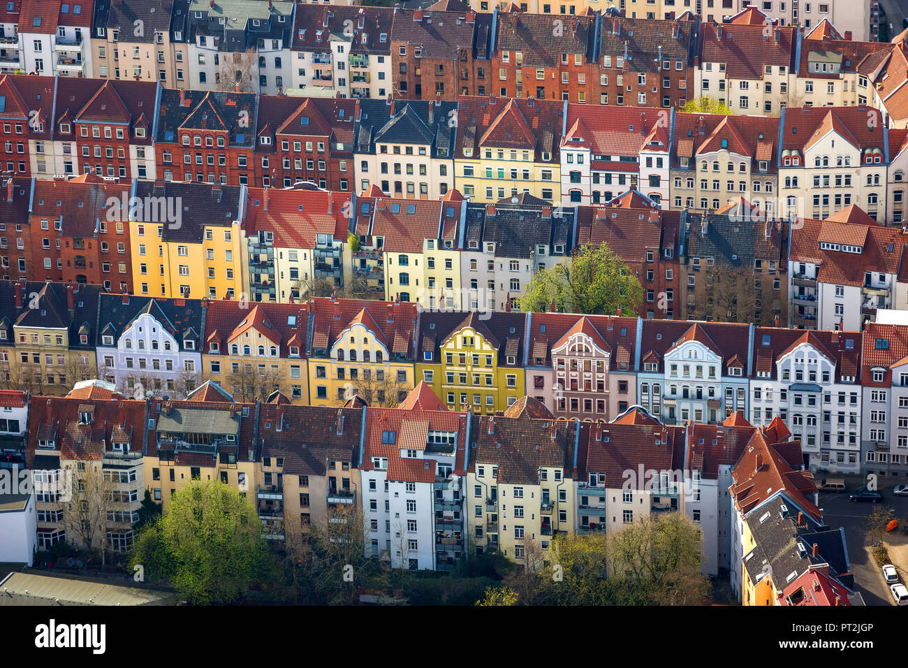 District Linden-Nord, perimeter development, rivers Leine and Ihme, red tile roofs, St.Benno Church, Hannover, state capital, Lower Saxony, Germany Stock Photo