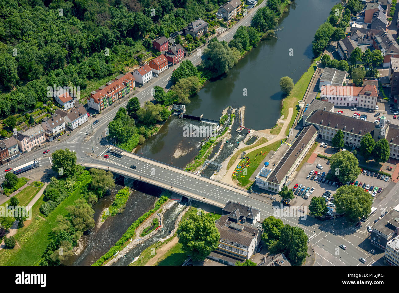 Whitewater course on the Lenne, the Bentheimer and the town hall Hohenlimburg, district administration, police station Hohenlimburg, Hohenlimburg center, center, Hagen, Ruhr area, North Rhine-Westphalia, Germany Stock Photo
