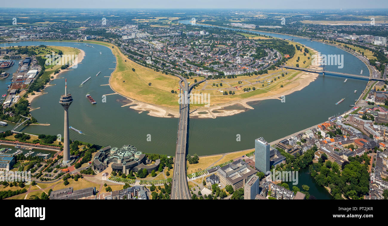 Rhine oxbow near Oberkassel, Niederkassel, TV tower Rheinkniebrücke, Dusseldorf, Rhineland, North Rhine-Westphalia, Germany Stock Photo