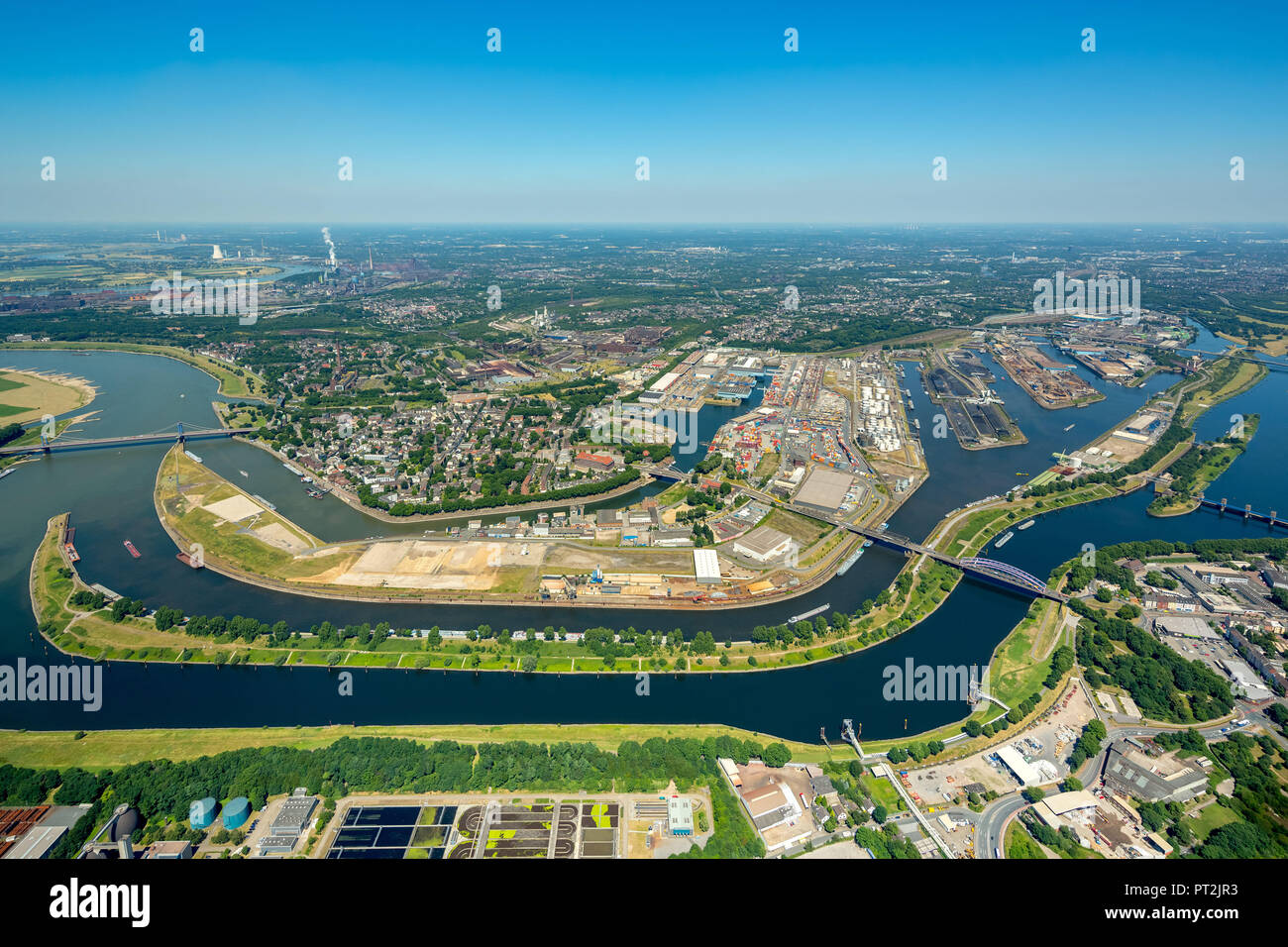 Duisburger Hafen AG, harbor panorama, inland shipping, logistics, Rhine, port, Ruhr, Duisburg, Ruhr area, North Rhine-Westphalia, Germany Stock Photo