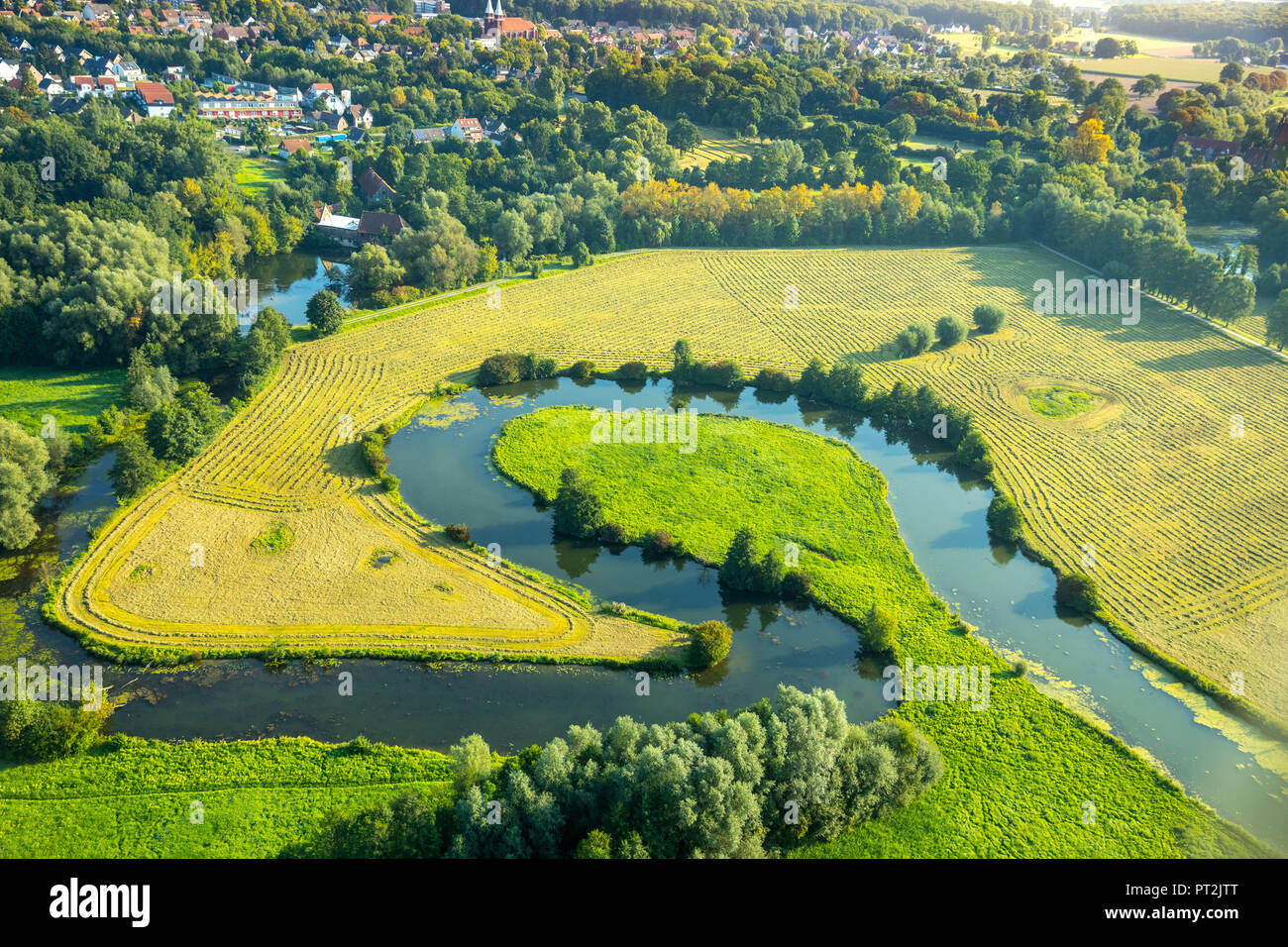 Lippe floodplains Hamm, traces of combine harvesters, Lippe meander at castle Heessen, Heessen Mill, Hamm, Ruhr area, North Rhine-Westphalia, Germany Stock Photo