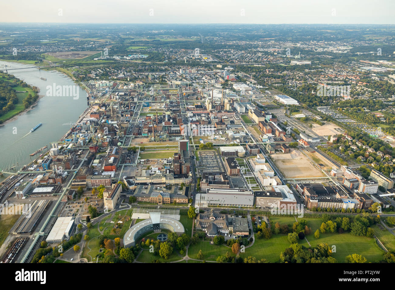 Chemical plant Bayer AG, LANXESS Aktiengesellschaft, Chemical factory on the Rhine, Casino of Bayer AG, Leverkusen, Rhineland, North Rhine-Westphalia, Germany Stock Photo