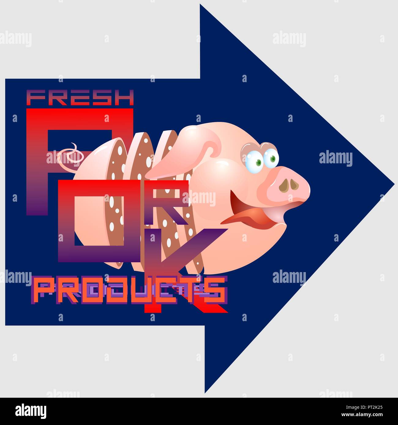the inscription, arrow fresh pork products with a sausage pig art typography Stock Vector