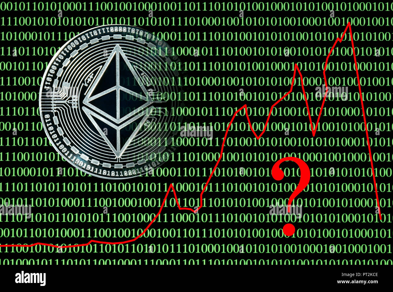 Symbolic image stock price digital currency, silver physical coin Ethereum in front of digital binary code Stock Photo