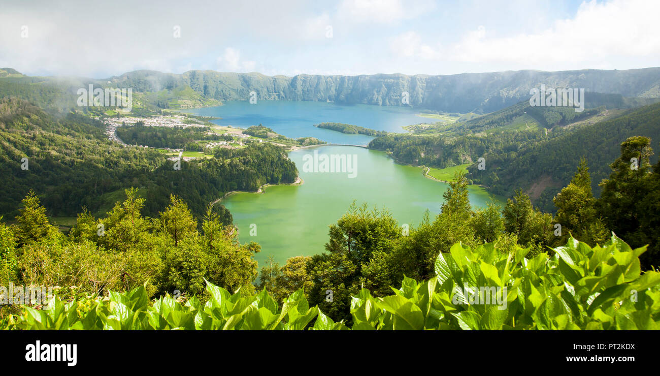 Volcanic crater with twin lakes Sete Cidades, view from Miradouro Vista do Rei Stock Photo