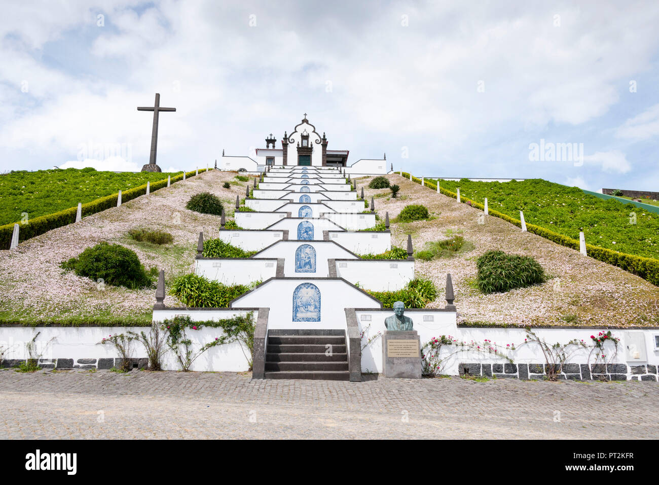 Stairway to the Vila Franca do Campo Votive Church, tile paintings adorning every gate Stock Photo