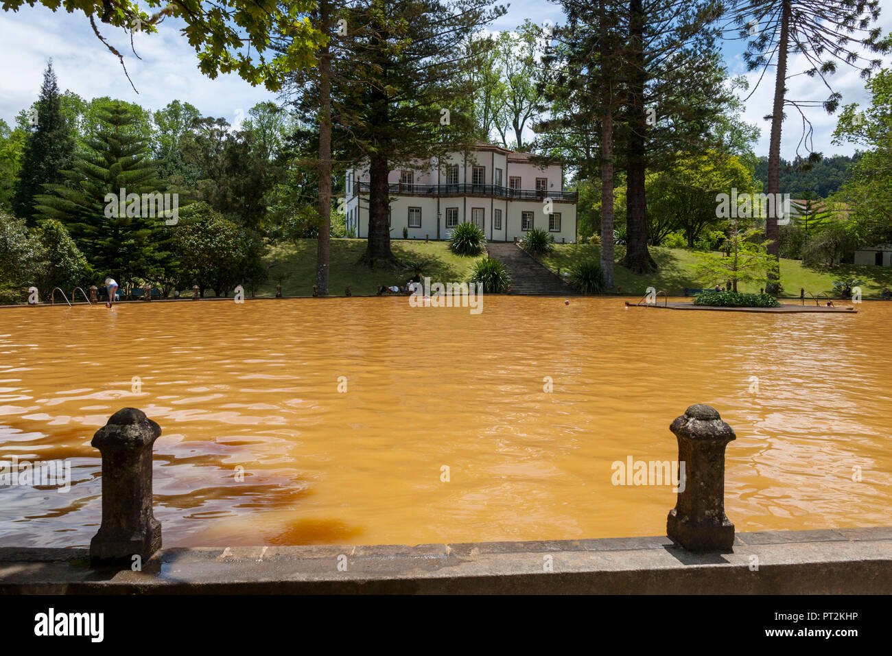 Thermal spring of Furnas with central swimming pond, park with villa Stock Photo