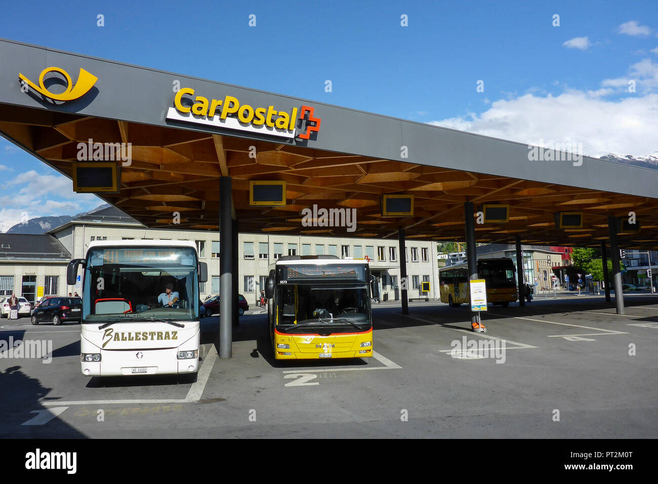 Switzerland, Canton Valais, Rhone Valley, District Sion, Sion, Gare de Sion, Station, Postbus Stock Photo