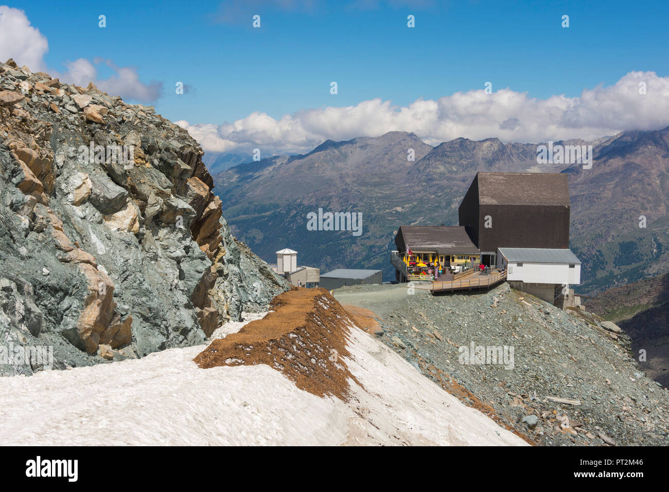 Switzerland, canton Valais, Verbier, high plateau, Saas Valley, Saas-Fee, Fee Glacier, Felskinnbahn, Mittelallalin, Britannia hut Stock Photo