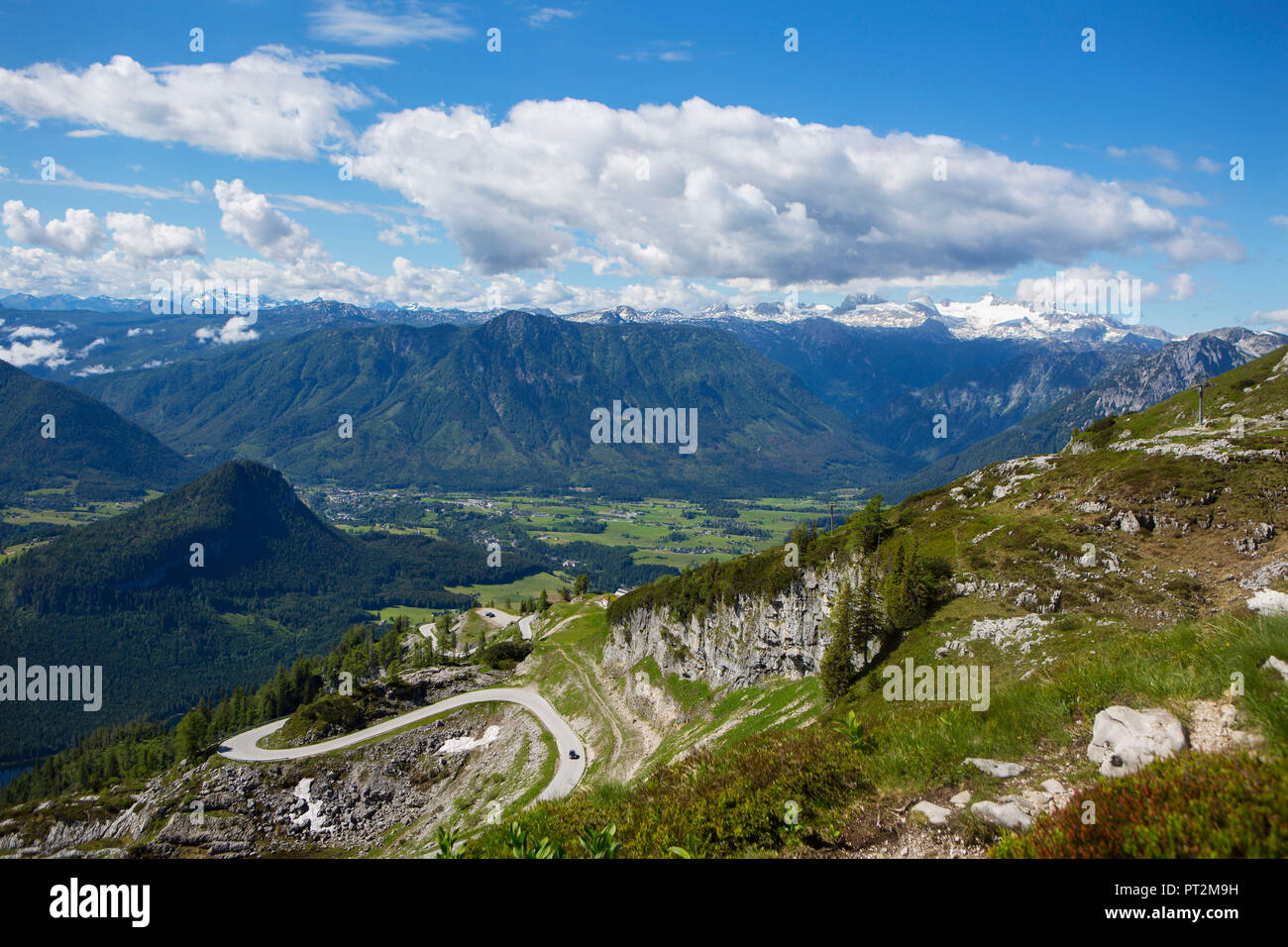 Austria, Styria, Salzkammergut, Ausseerland, Altaussee, View from the Loser Panoramastraße to Ausseerland and the Trisselwand Stock Photo