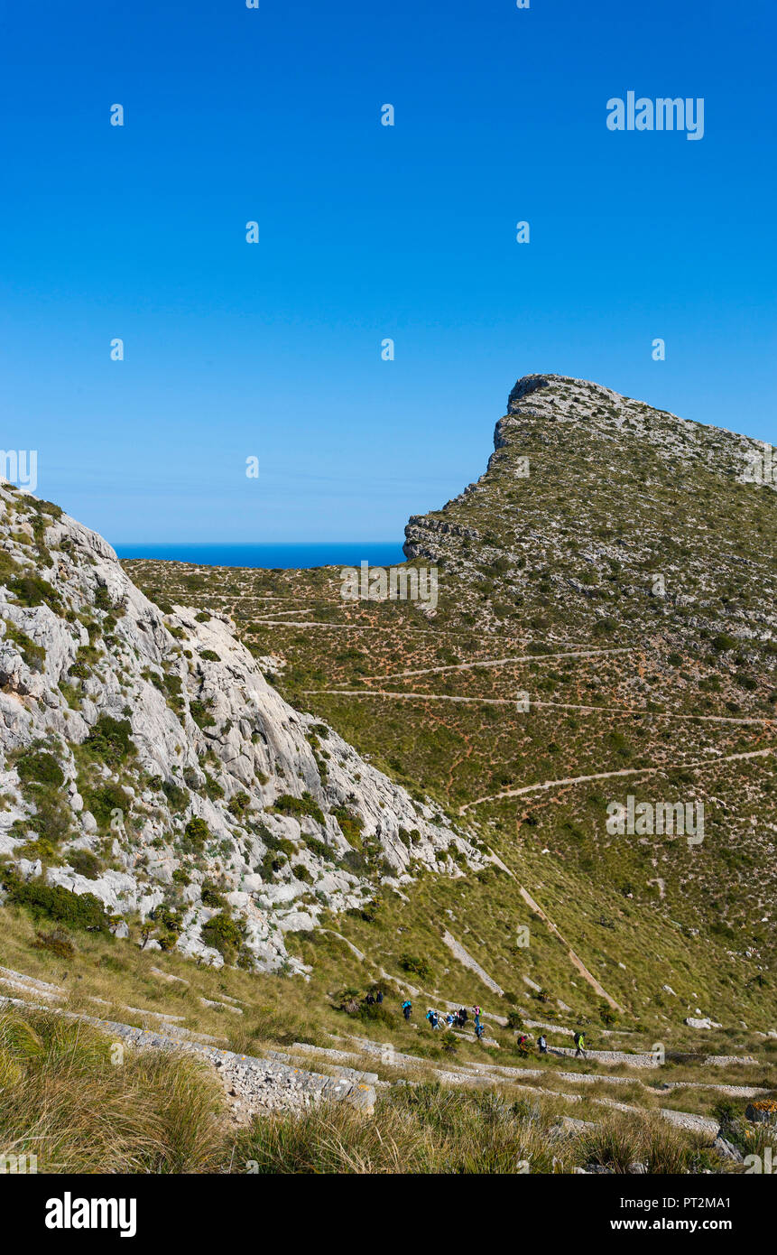 Spain, Balearic Islands, Majorca, Pollenca, Formentor peninsula, hiking in Majorca, hiking path to Cala Murta, hairpin bends, Cami Vell del Far Stock Photo