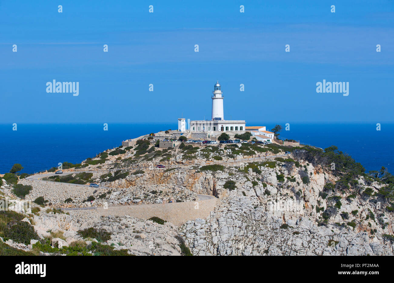 Spain, Balearic Islands, Mallorca, Pollenca, Formentor peninsula, Cap de Formentower, lighthouse, mountain road Stock Photo